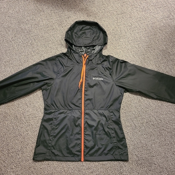 🆕️COLUMBIA LADIES WINDBREAKER JACKET W/HOOD BLACK & NEON ORANGE SMALL - Picture 2 of 13